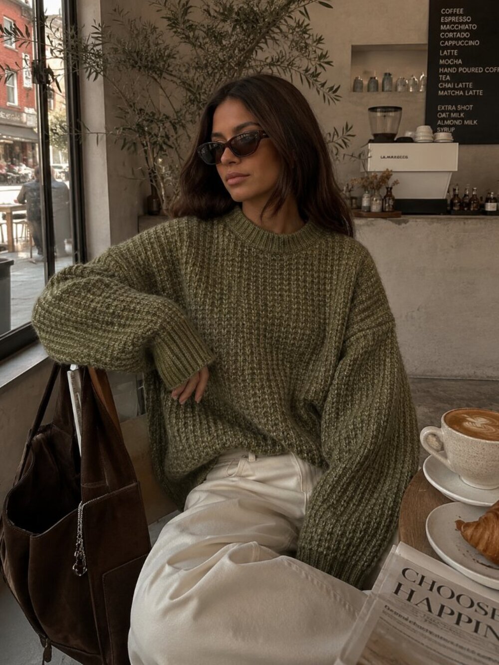 Zara Wool Alpaca Waffle Knit Crew Sweater  Green Size XL